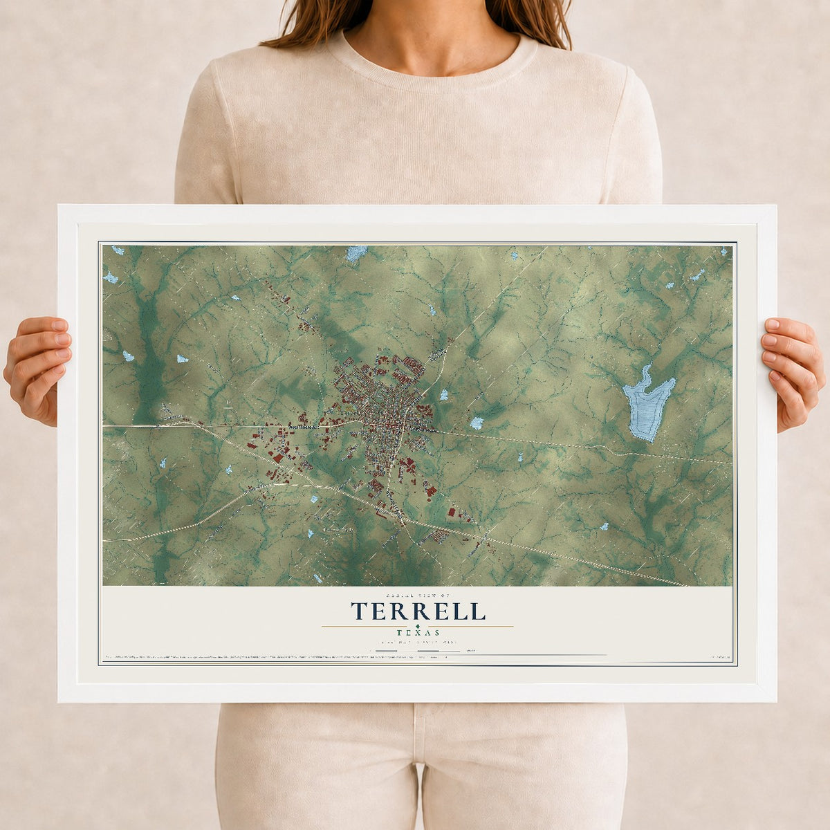 Map of Terrell, Texas, 12 x 18 inch print in a white wood frame