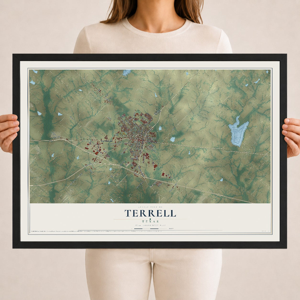 Map of Terrell, Texas, 18 x 24 inch print in a black wood frame