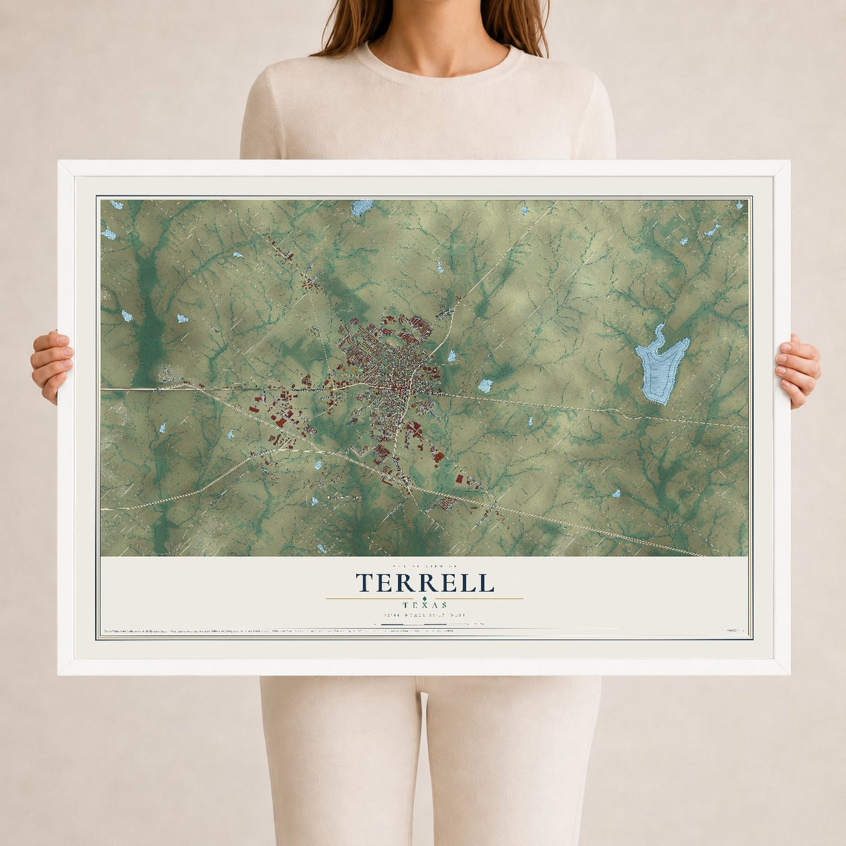 Map of Terrell, Texas, 24 x 36 inch print in a white wood frame