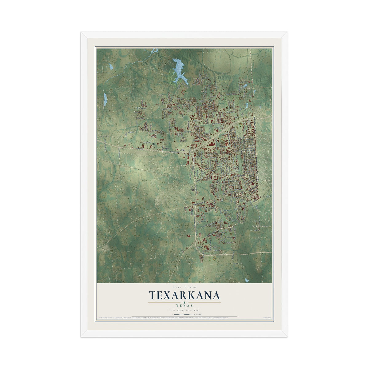 Map of Texarkana, Texas, 12 x 18 inch print in a white wood frame