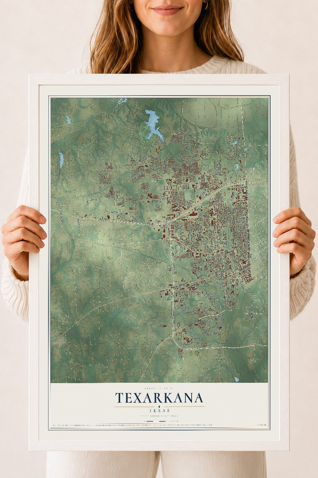 Map of Texarkana, Texas, 18 x 24 inch print in a white wood frame