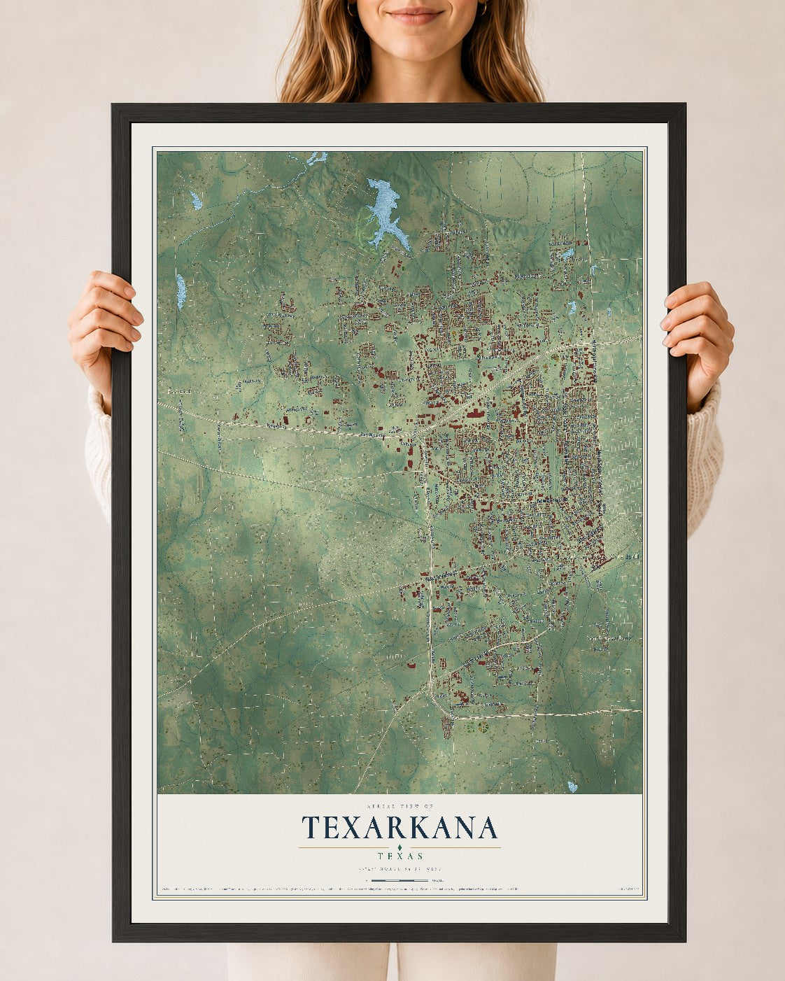 Map of Texarkana, Texas, 24 x 36 inch print in a black wood frame