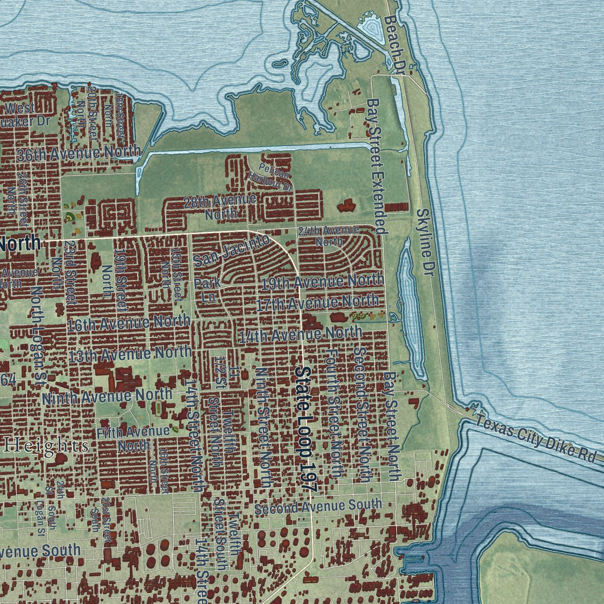 Close-up of the map of Texas City, Texas print showing street and building detail