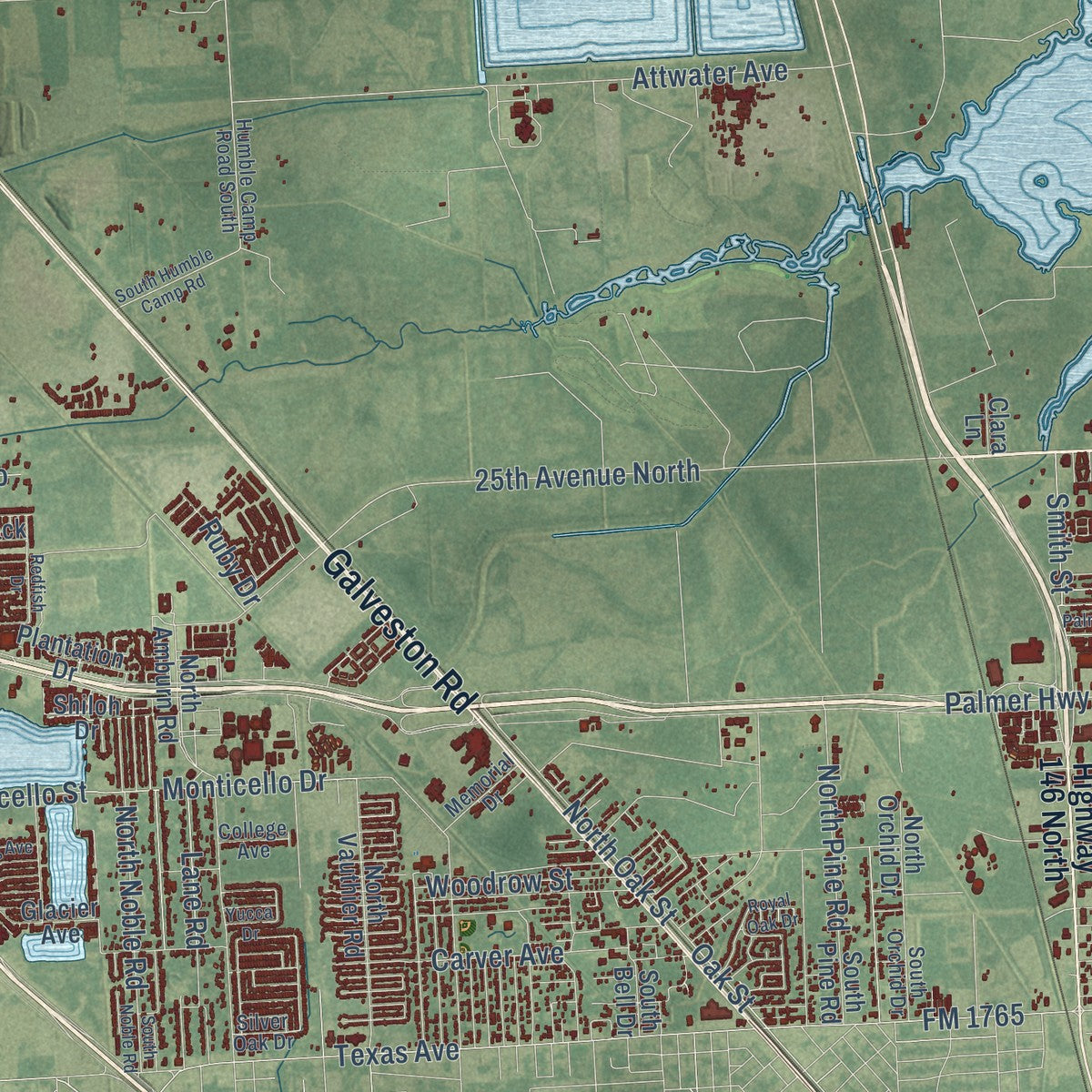 Second close-up of the map of Texas City, Texas print showing more streets and buildings