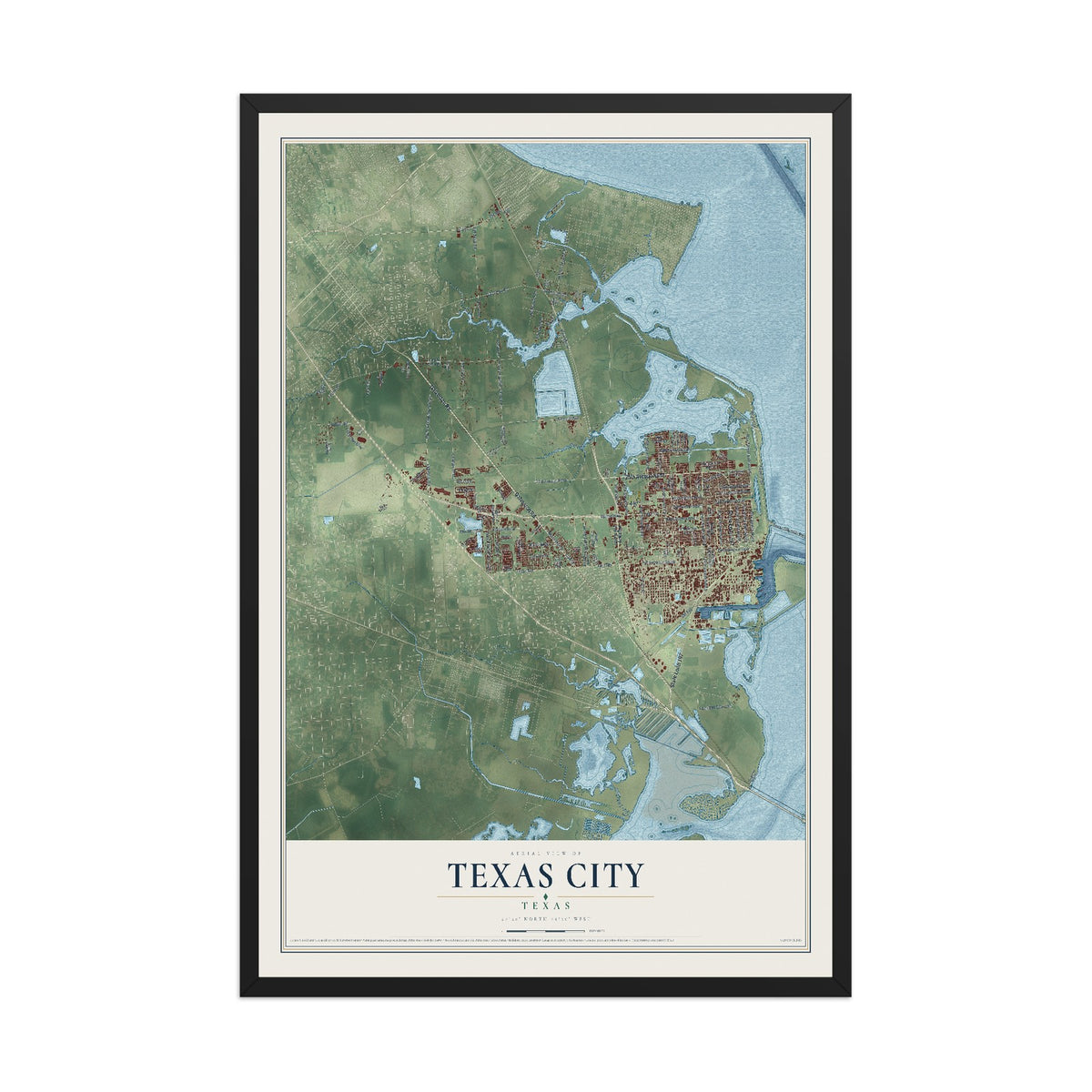 Map of Texas City, Texas, 12 x 18 inch print in a black wood frame