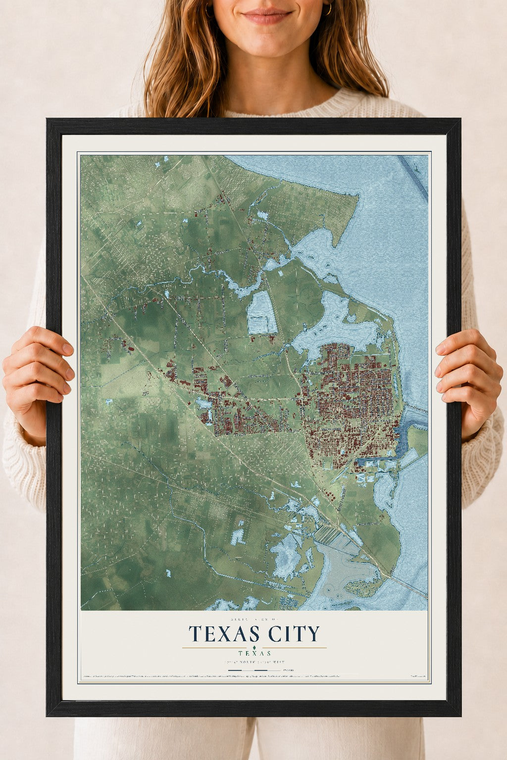Map of Texas City, Texas, 18 x 24 inch print in a black wood frame