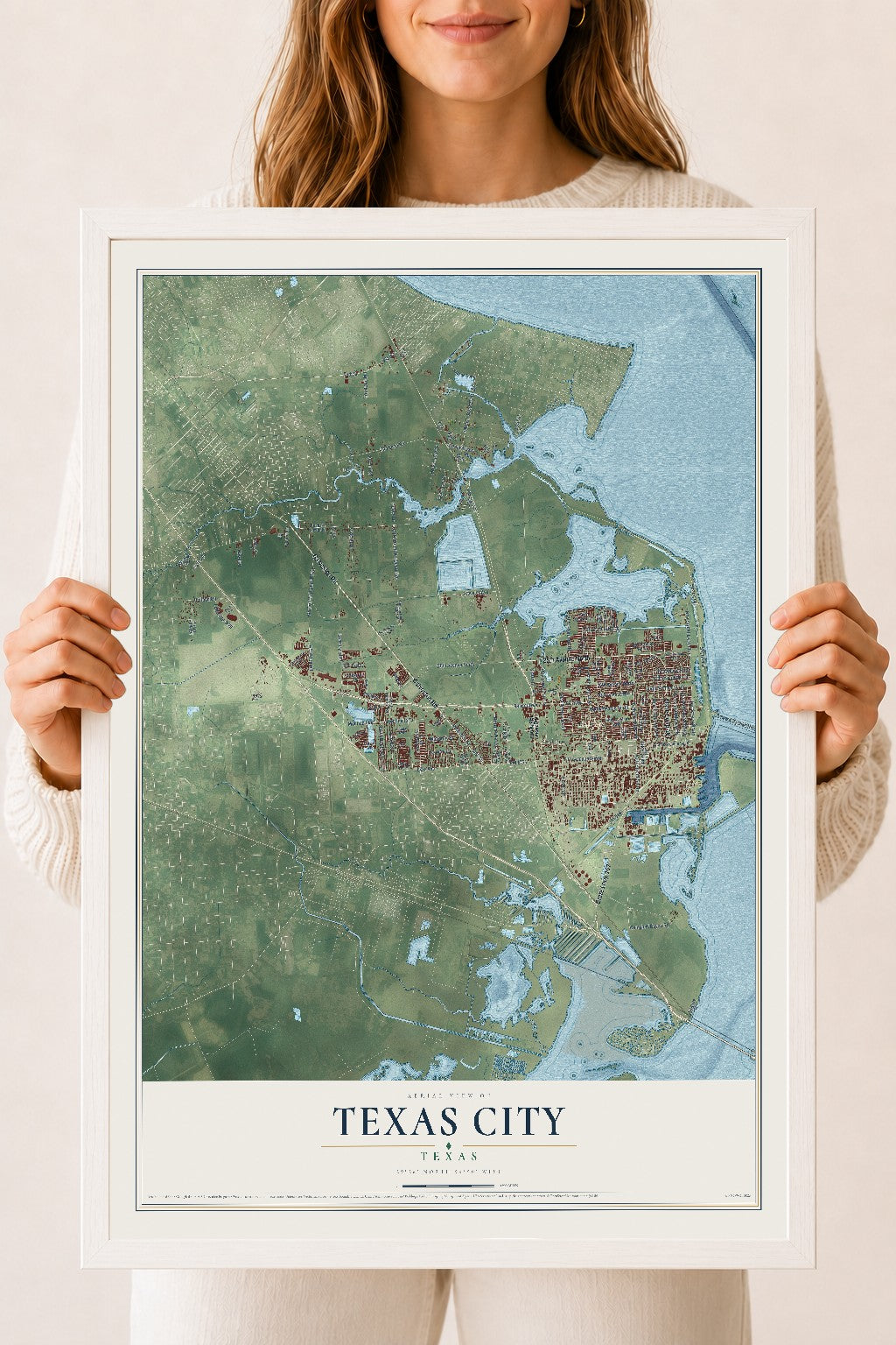 Map of Texas City, Texas, 18 x 24 inch print in a white wood frame