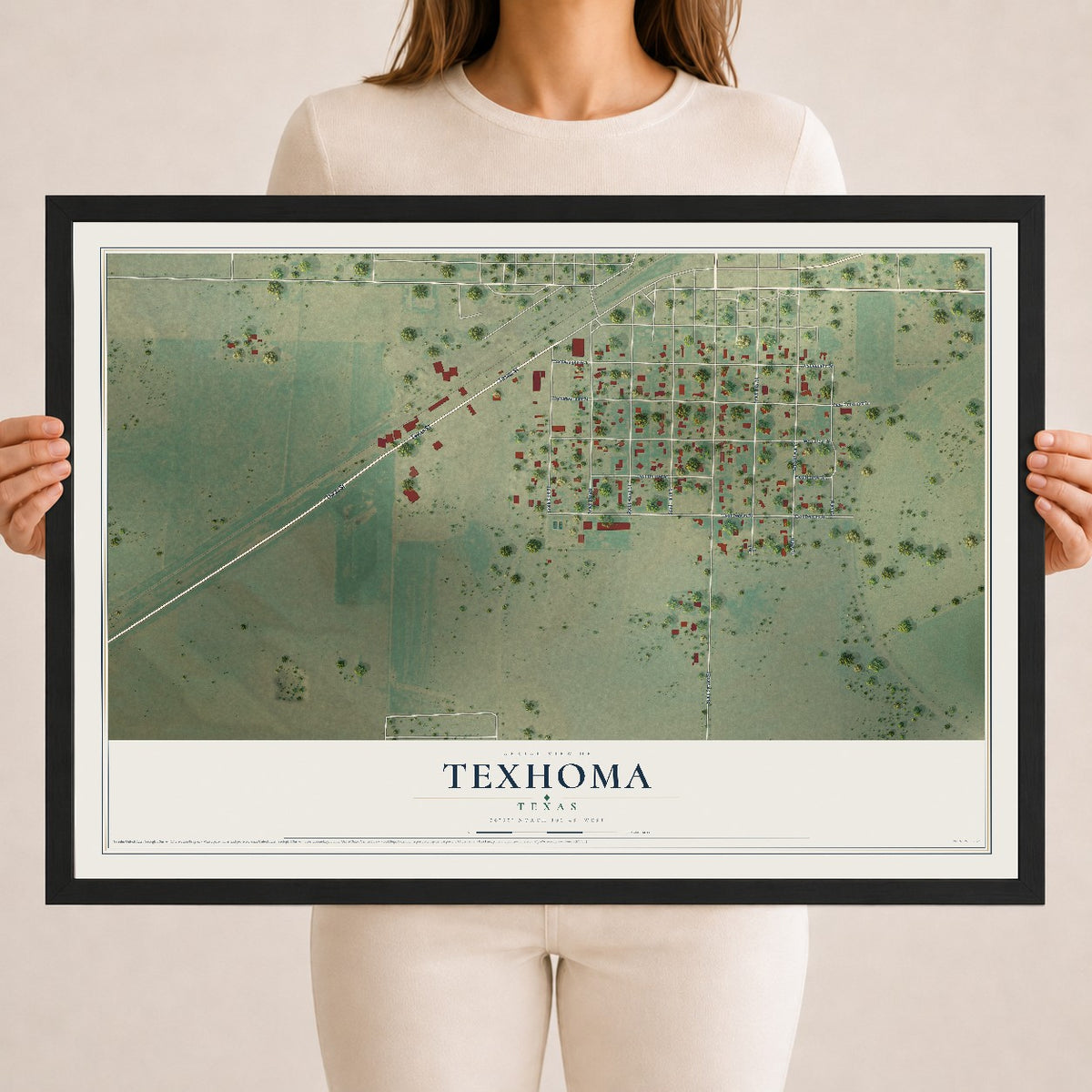 Map of Texhoma, Texas, 18 x 24 inch print in a black wood frame