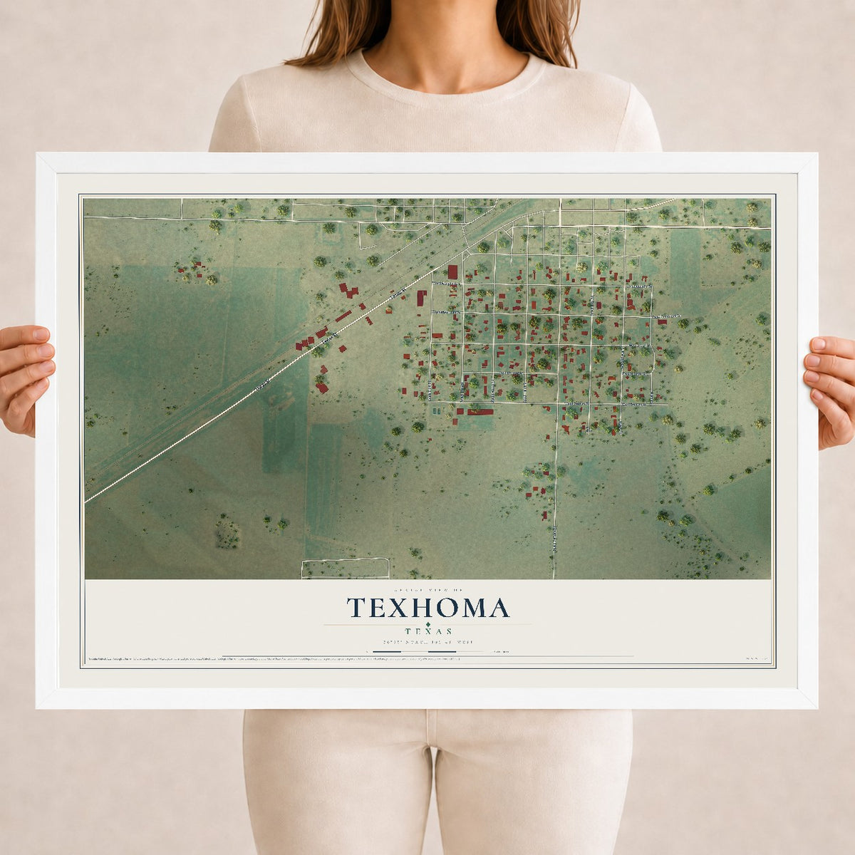 Map of Texhoma, Texas, 18 x 24 inch print in a white wood frame