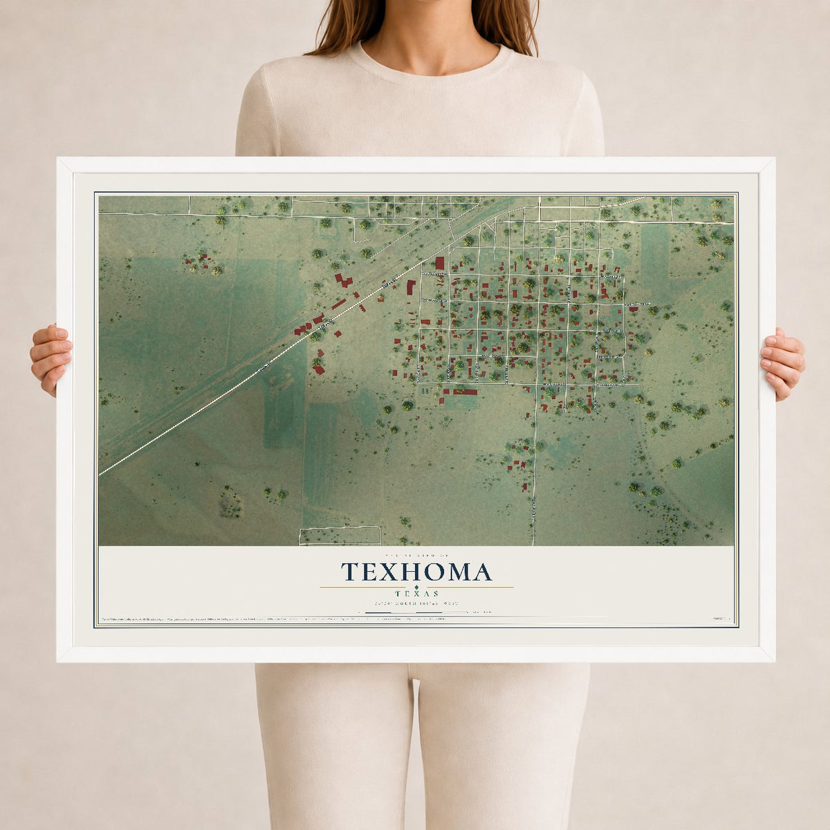 Map of Texhoma, Texas, 24 x 36 inch print in a white wood frame