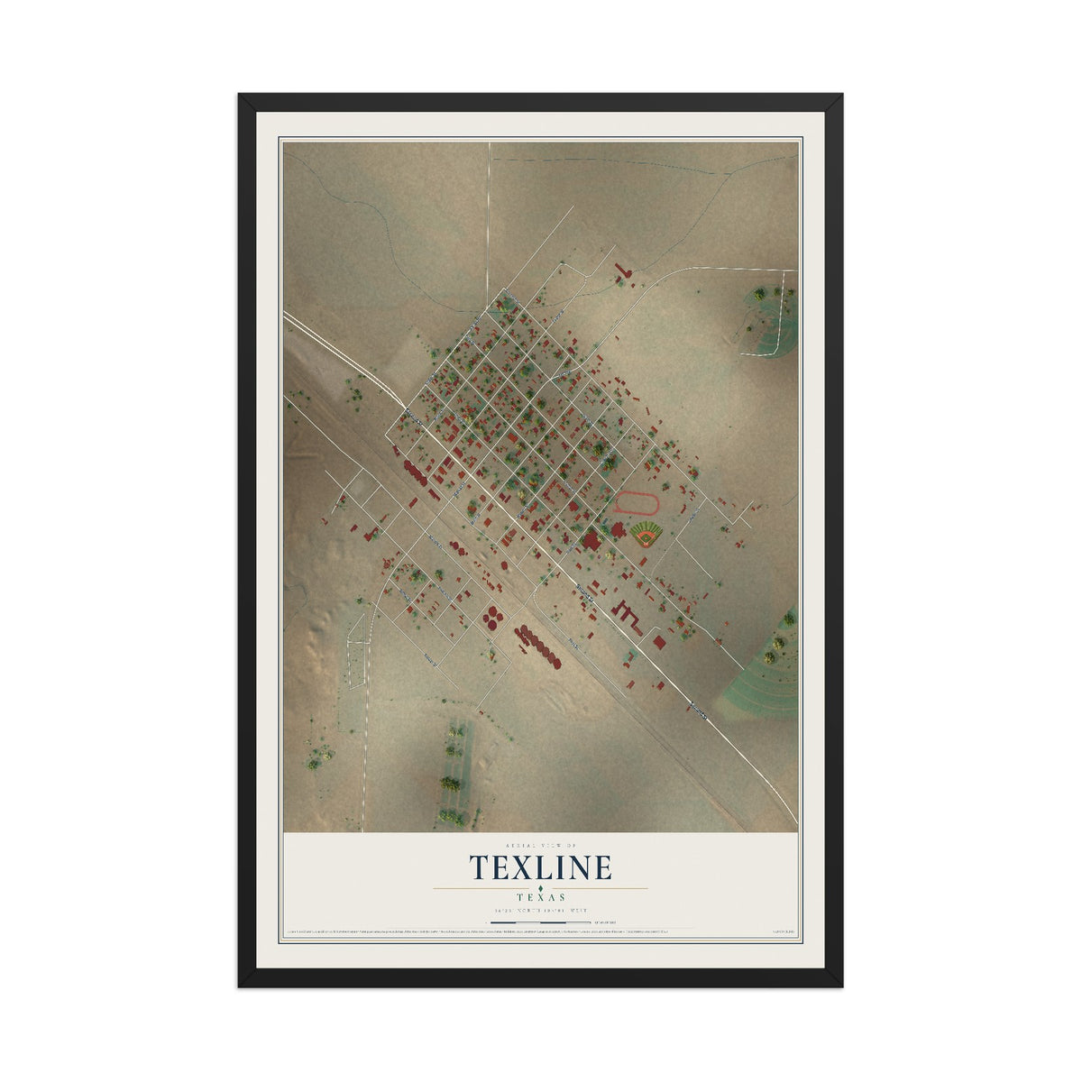 Map of Texline, Texas, 12 x 18 inch print in a black wood frame