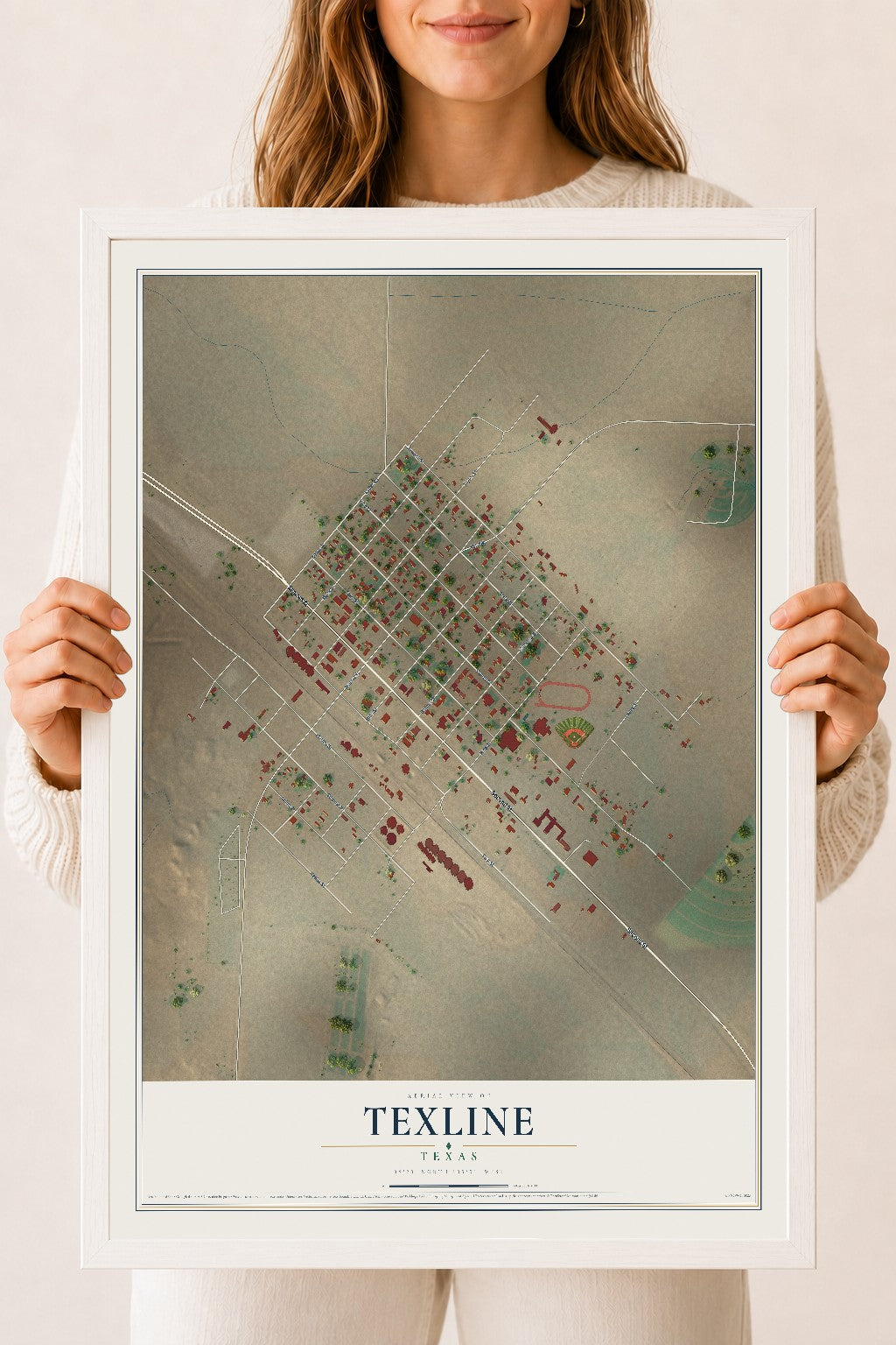 Map of Texline, Texas, 18 x 24 inch print in a white wood frame