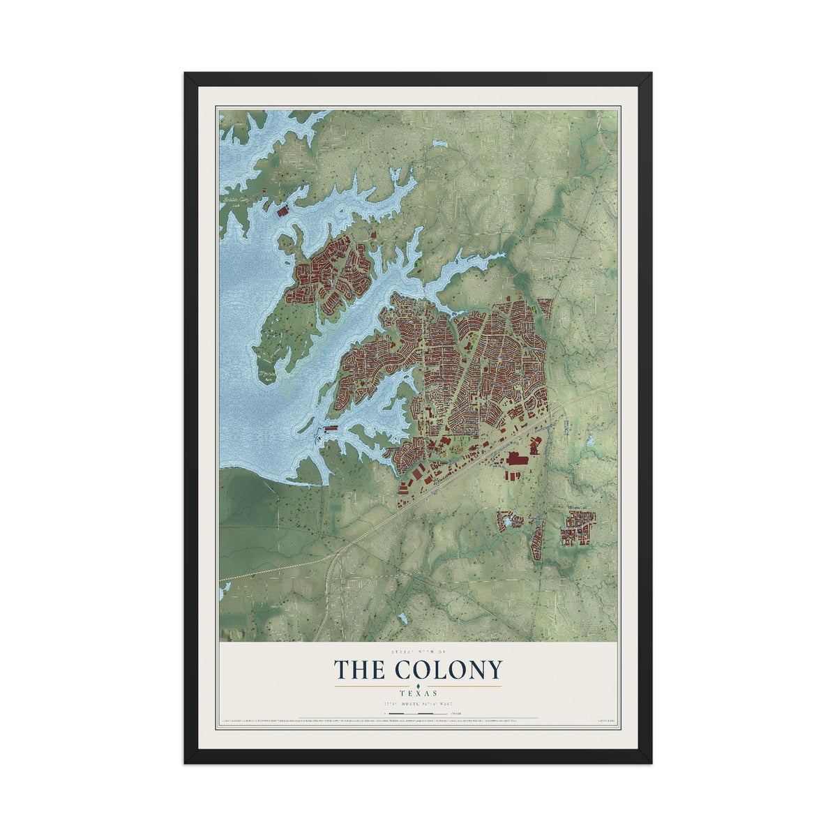 Map of The Colony, Texas, 12 x 18 inch print in a black wood frame