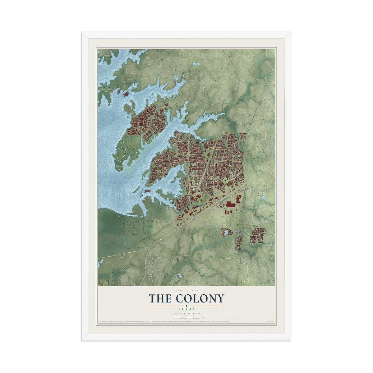 Map of The Colony, Texas, 12 x 18 inch print in a white wood frame