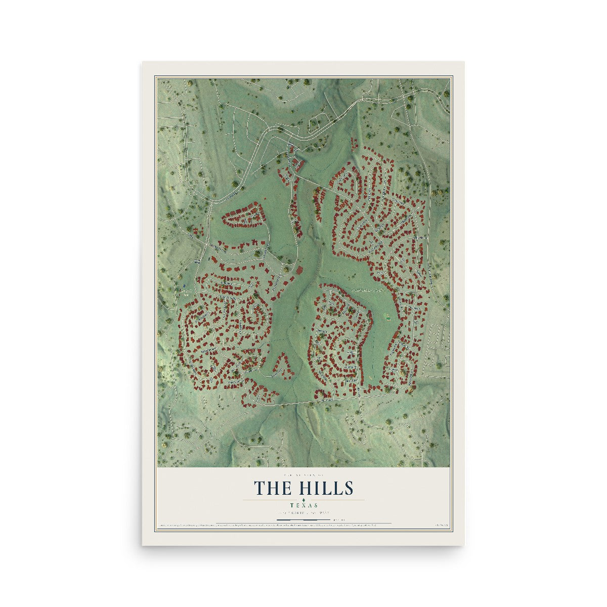 Map of The Hills, Texas, 12 x 18 inch unframed archival matte print