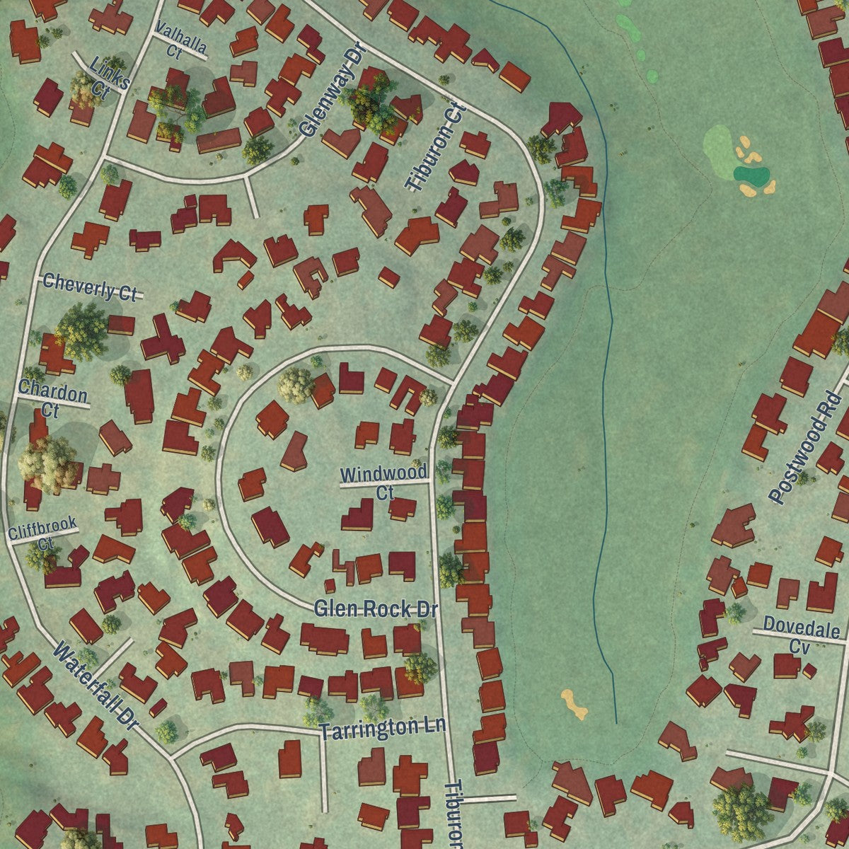 Second close-up of the map of The Hills, Texas print showing more streets and buildings