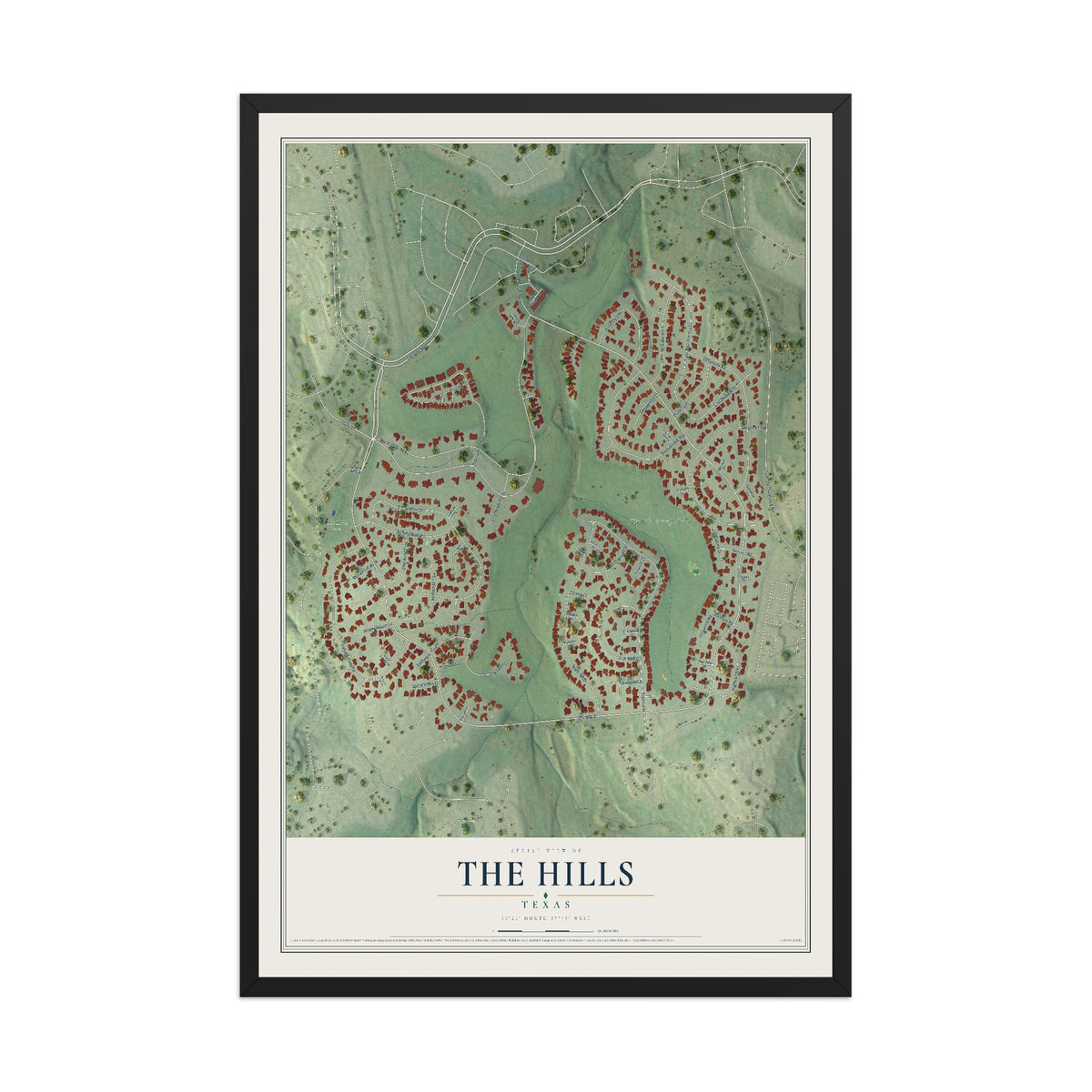 Map of The Hills, Texas, 12 x 18 inch print in a black wood frame
