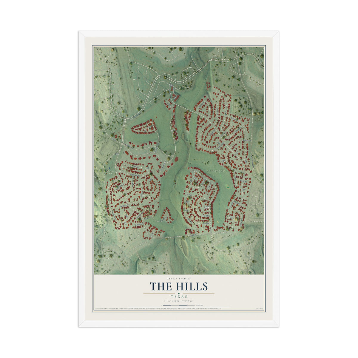 Map of The Hills, Texas, 12 x 18 inch print in a white wood frame