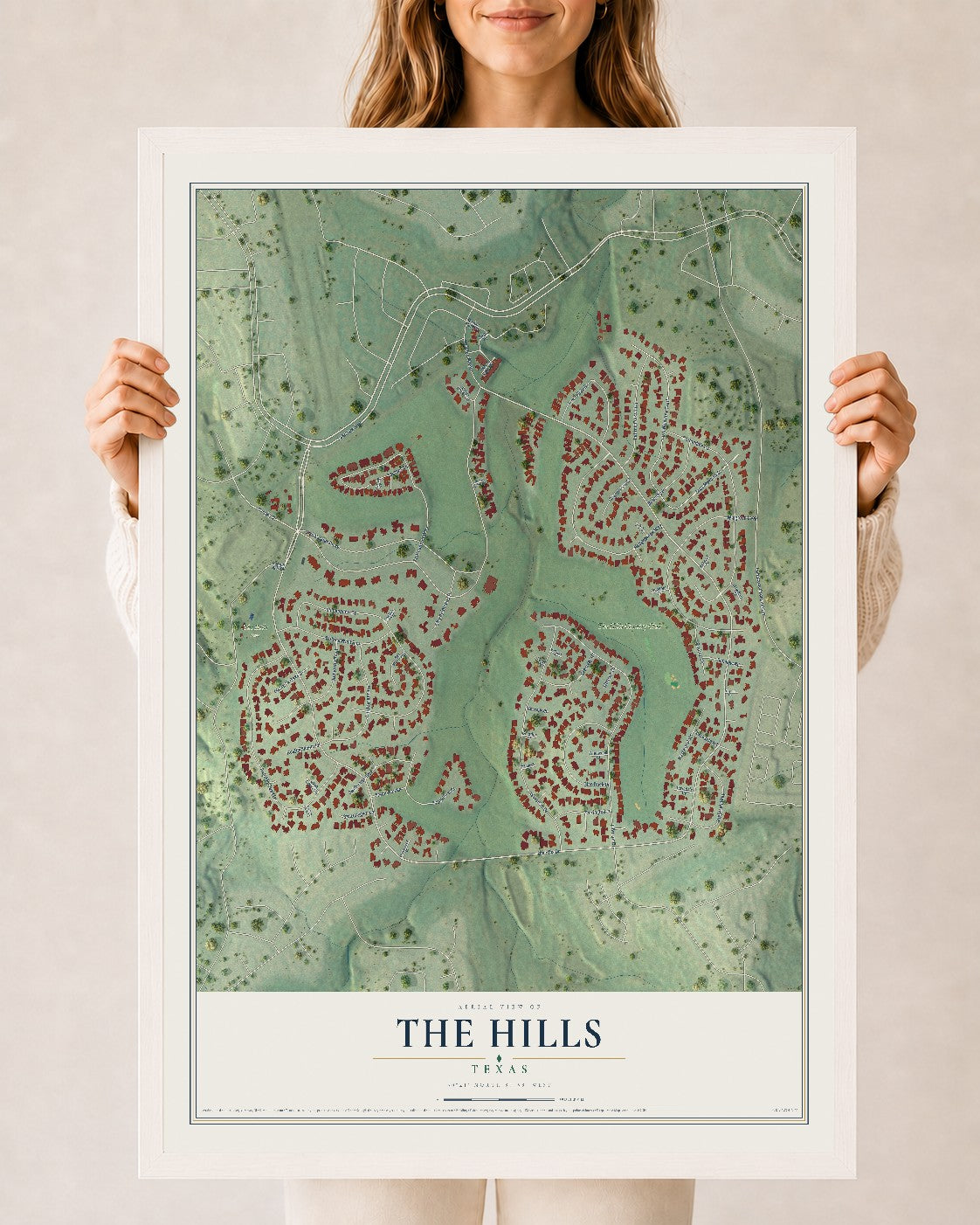 Map of The Hills, Texas, 24 x 36 inch print in a white wood frame