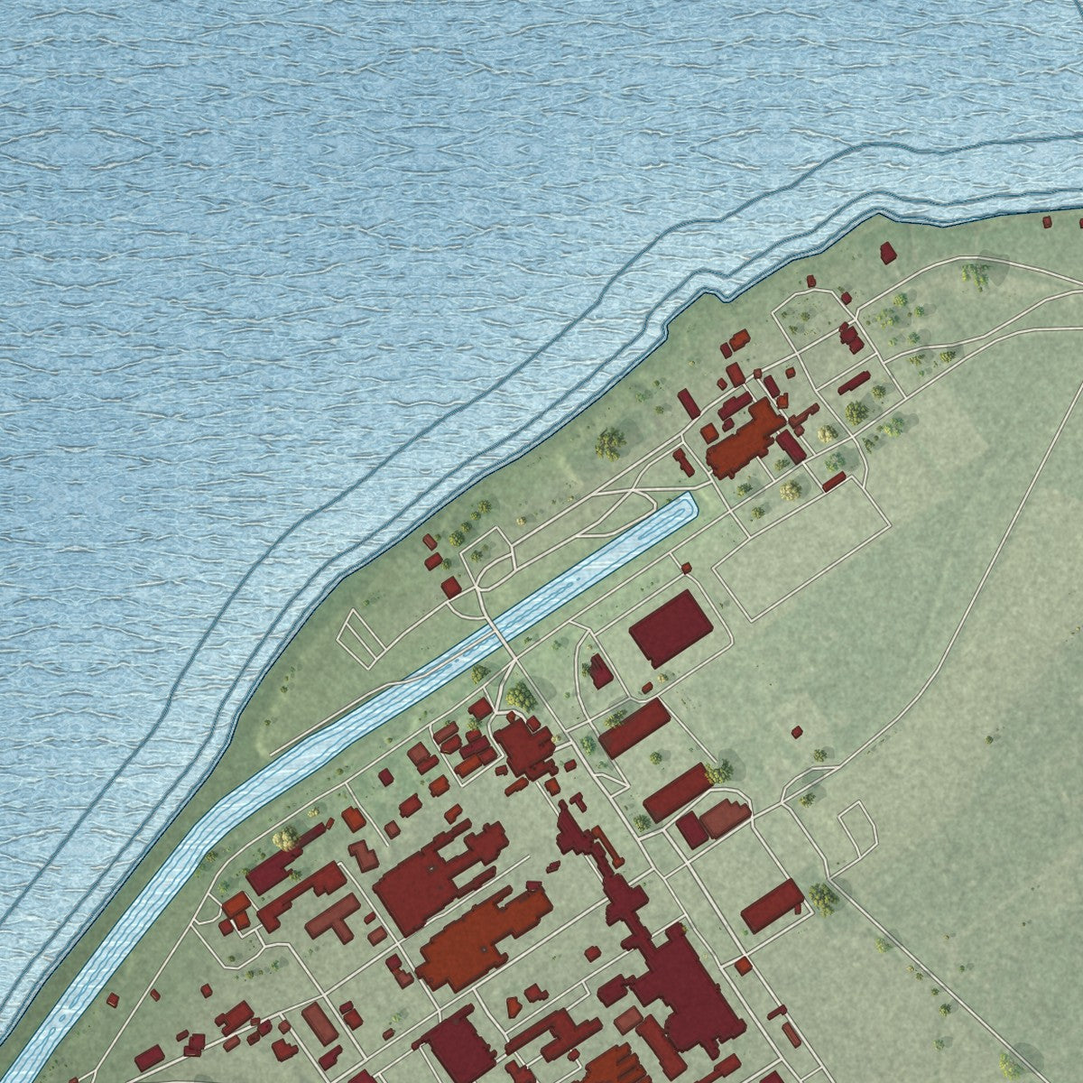 Close-up of the map of Thompsons, Texas print showing street and building detail