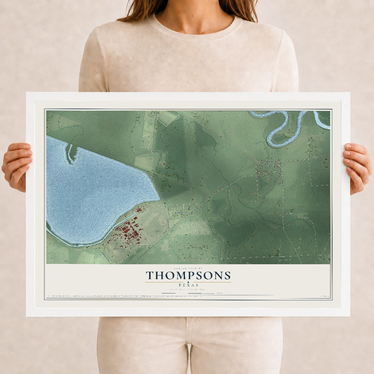 Map of Thompsons, Texas, 12 x 18 inch print in a white wood frame