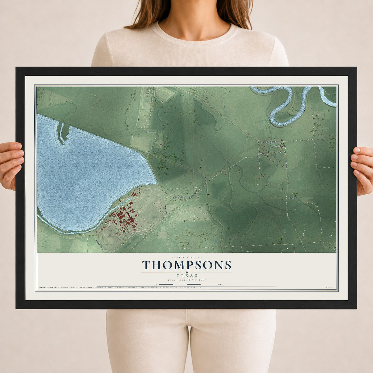 Map of Thompsons, Texas, 18 x 24 inch print in a black wood frame