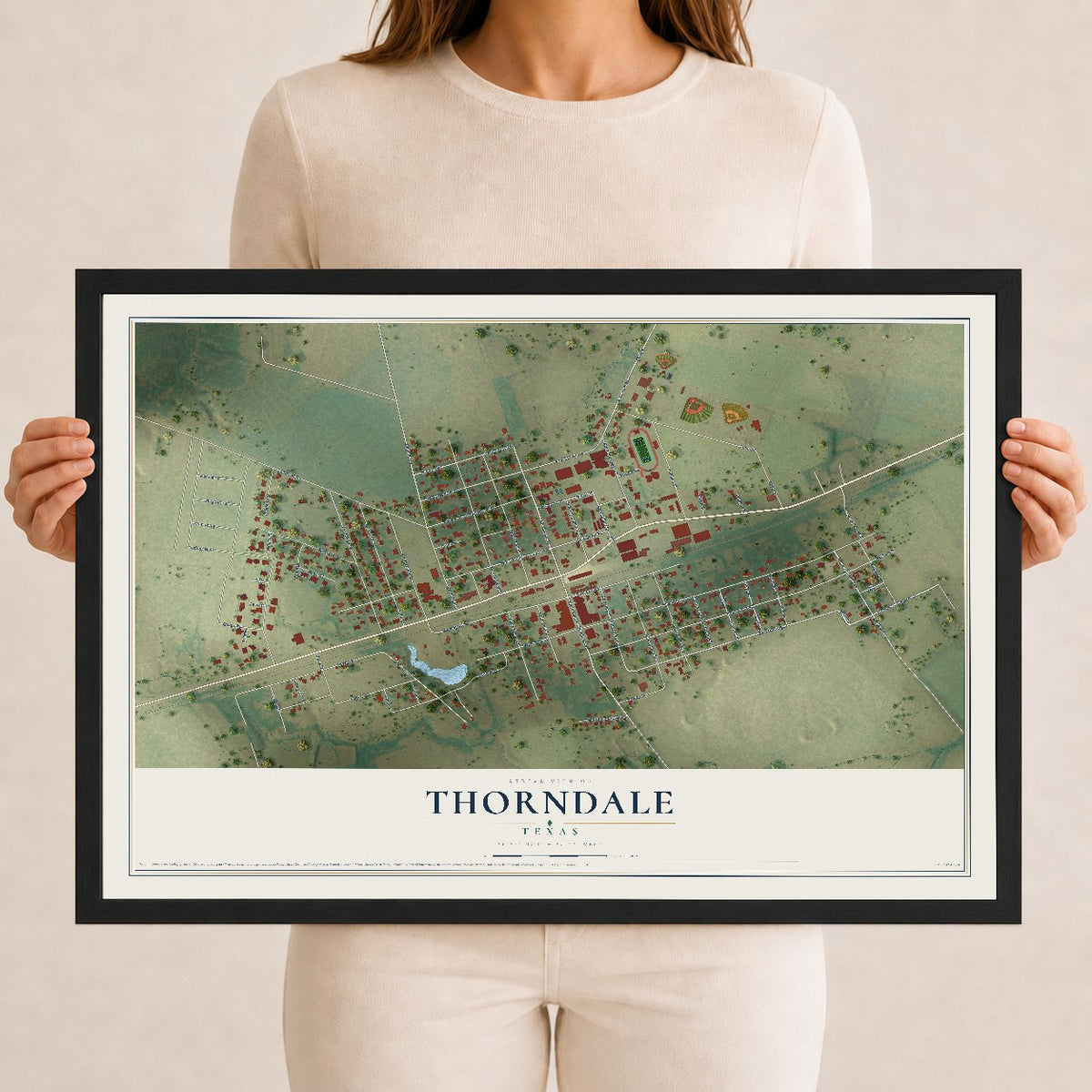 Map of Thorndale, Texas, 12 x 18 inch print in a black wood frame