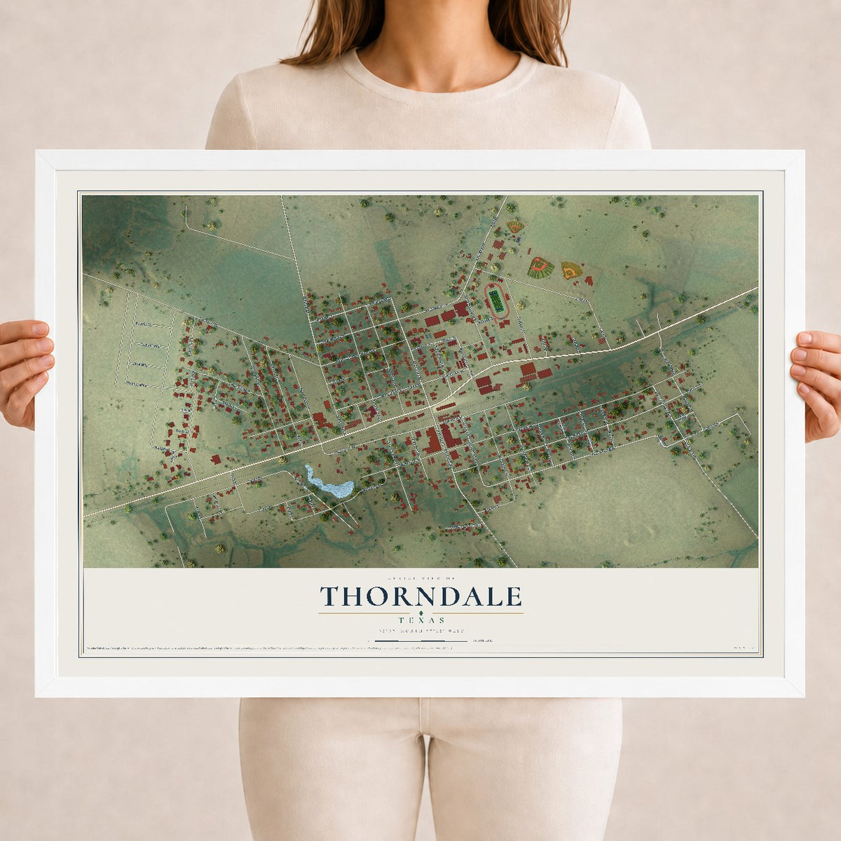 Map of Thorndale, Texas, 18 x 24 inch print in a white wood frame