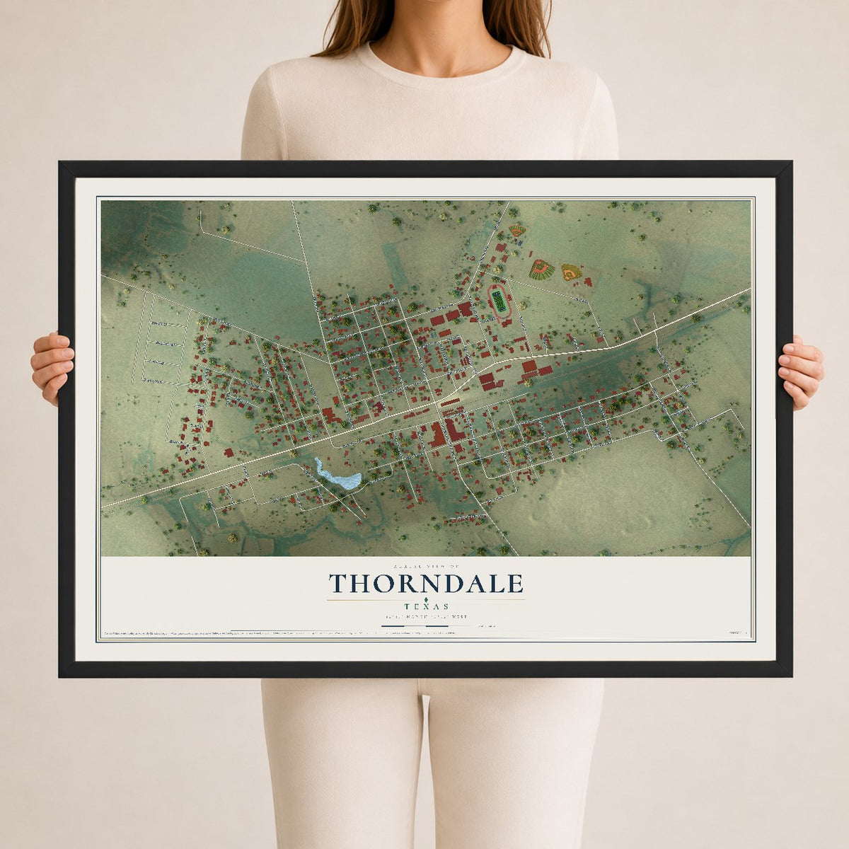Map of Thorndale, Texas, 24 x 36 inch print in a black wood frame
