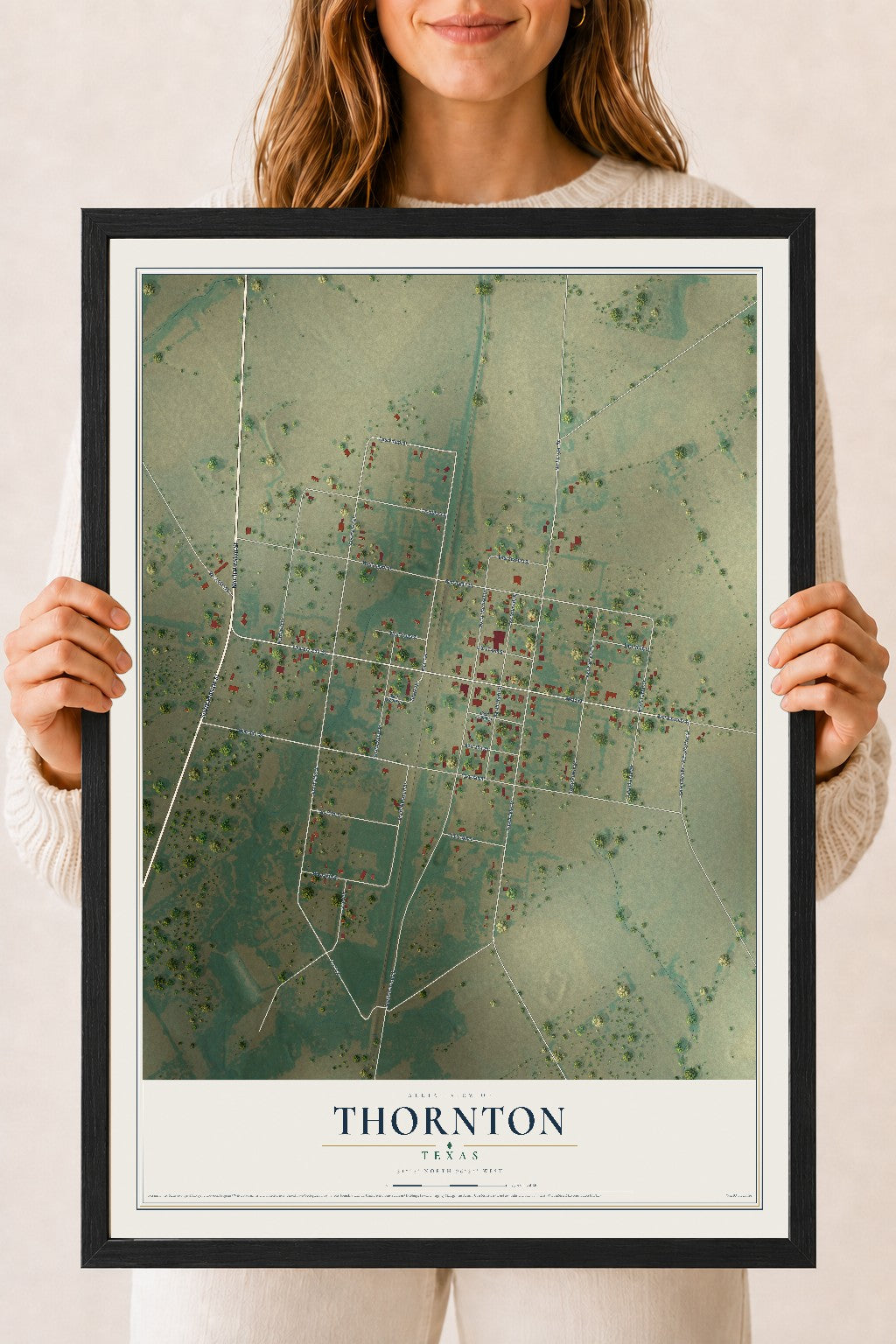 Map of Thornton, Texas, 18 x 24 inch print in a black wood frame
