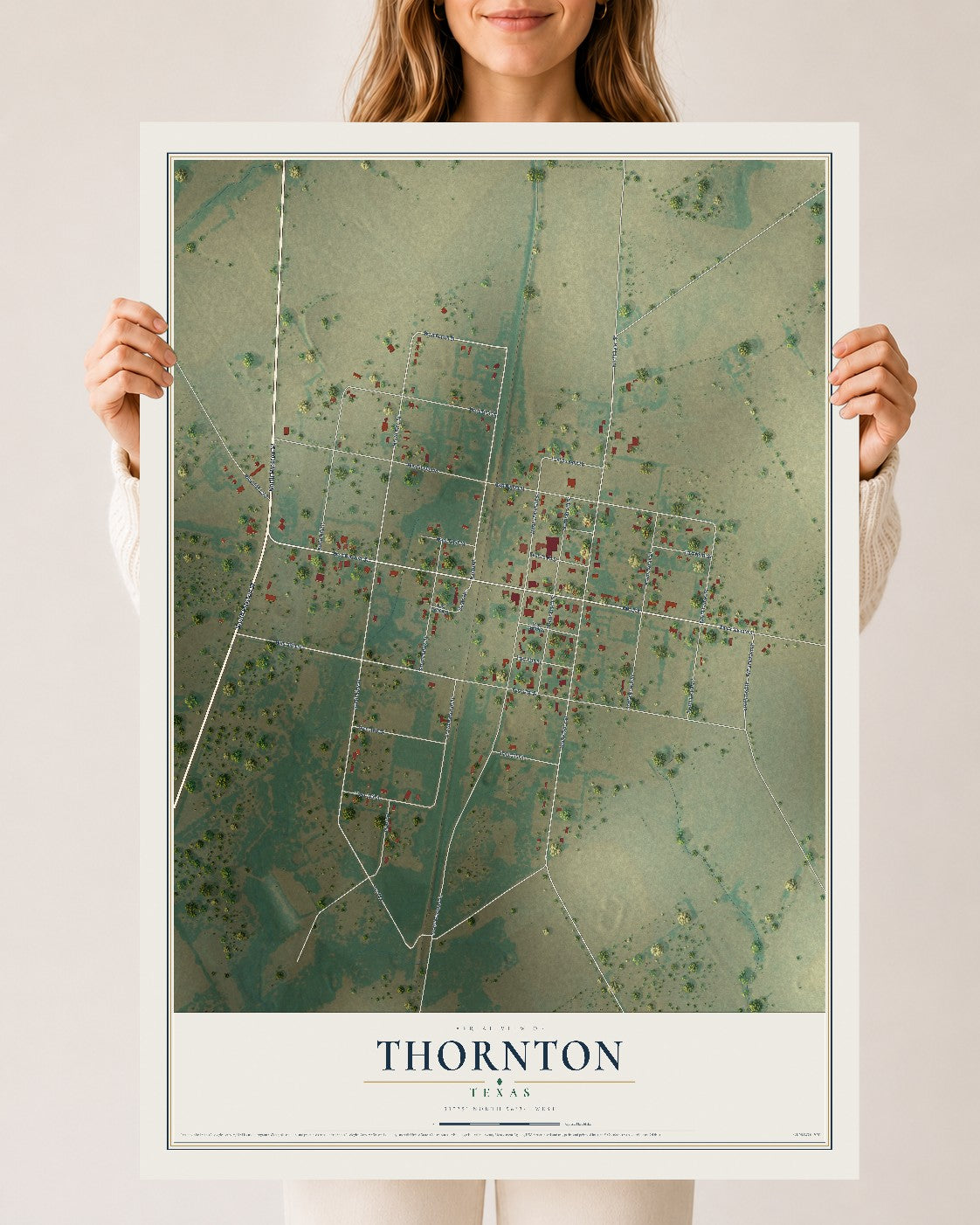 Map of Thornton, Texas, 24 x 36 inch unframed archival matte print