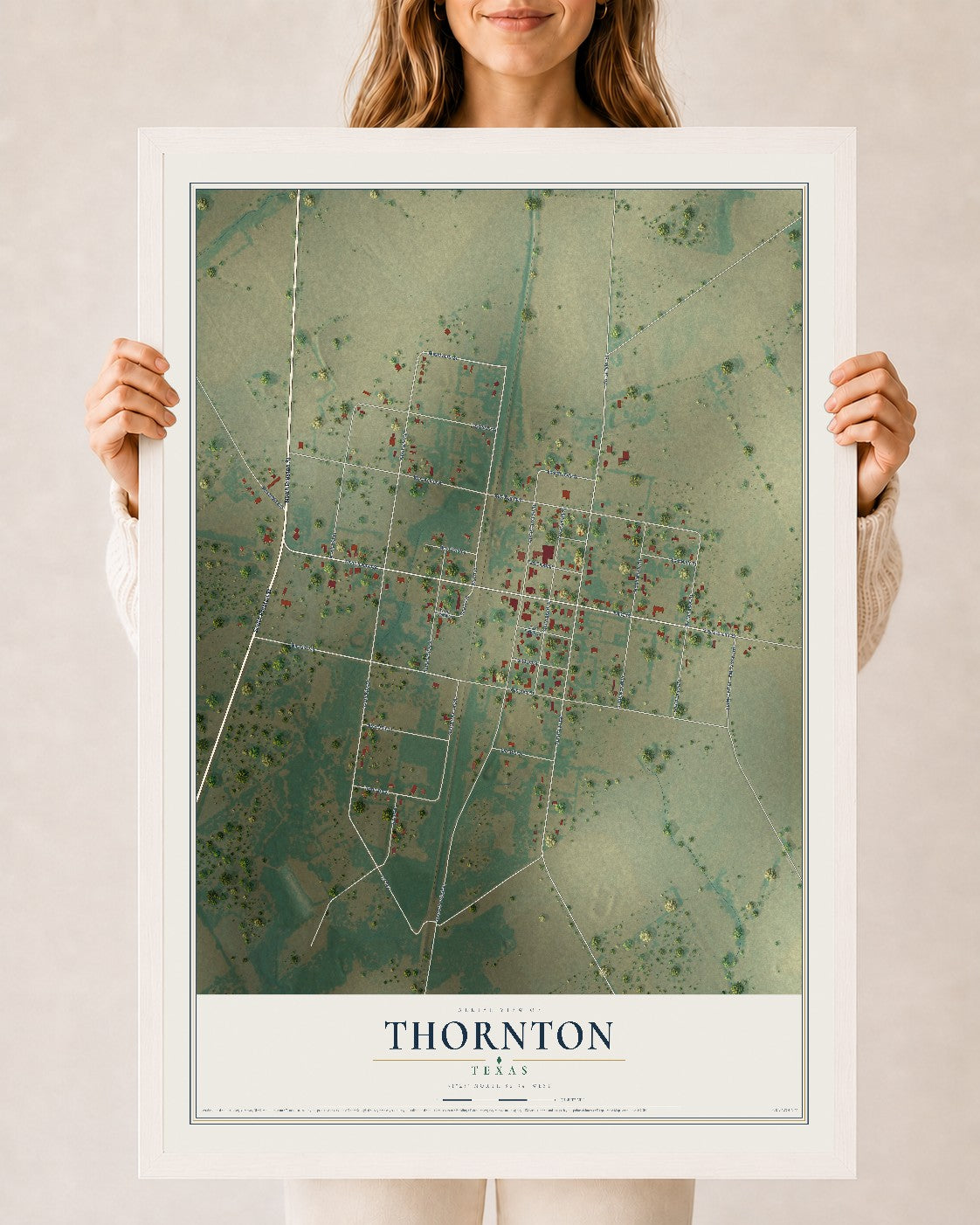 Map of Thornton, Texas, 24 x 36 inch print in a white wood frame