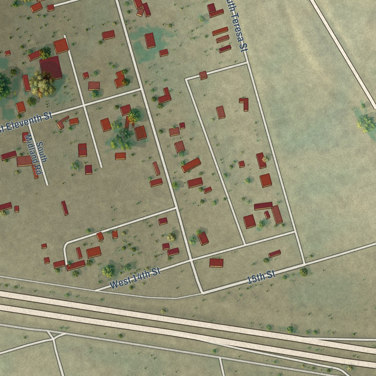Close-up of the map of Thorntonville, Texas print showing street and building detail
