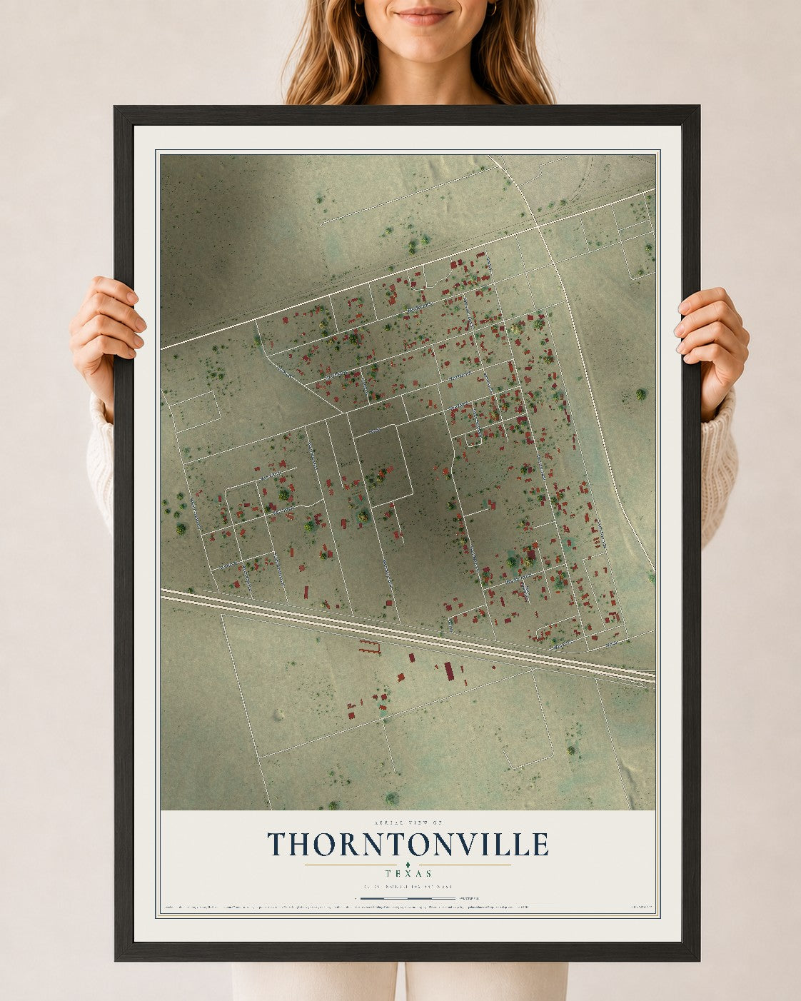 Map of Thorntonville, Texas, 24 x 36 inch print in a black wood frame