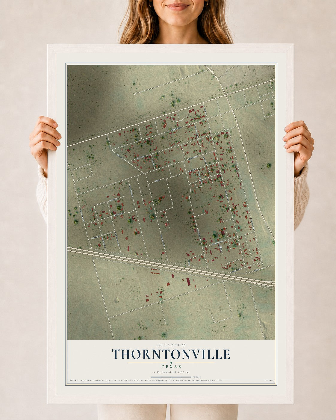 Map of Thorntonville, Texas, 24 x 36 inch print in a white wood frame