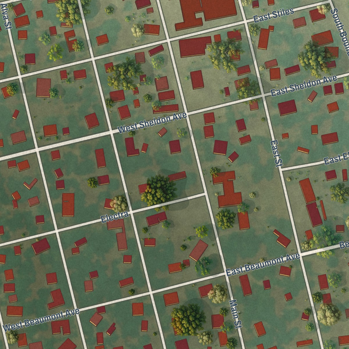 Close-up of the map of Thrall, Texas print showing street and building detail
