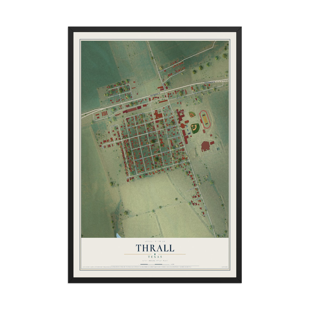 Map of Thrall, Texas, 12 x 18 inch print in a black wood frame