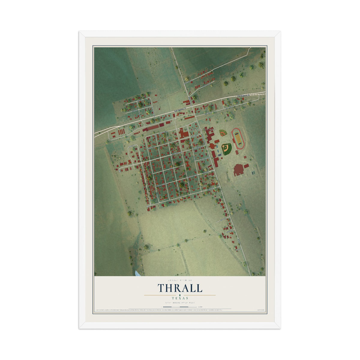 Map of Thrall, Texas, 12 x 18 inch print in a white wood frame