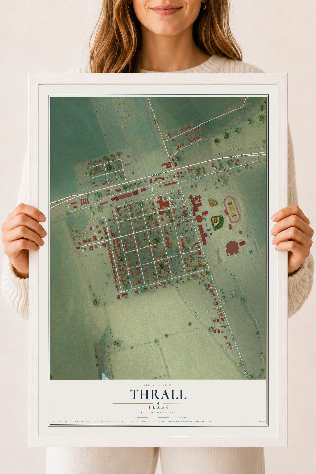 Map of Thrall, Texas, 18 x 24 inch print in a white wood frame