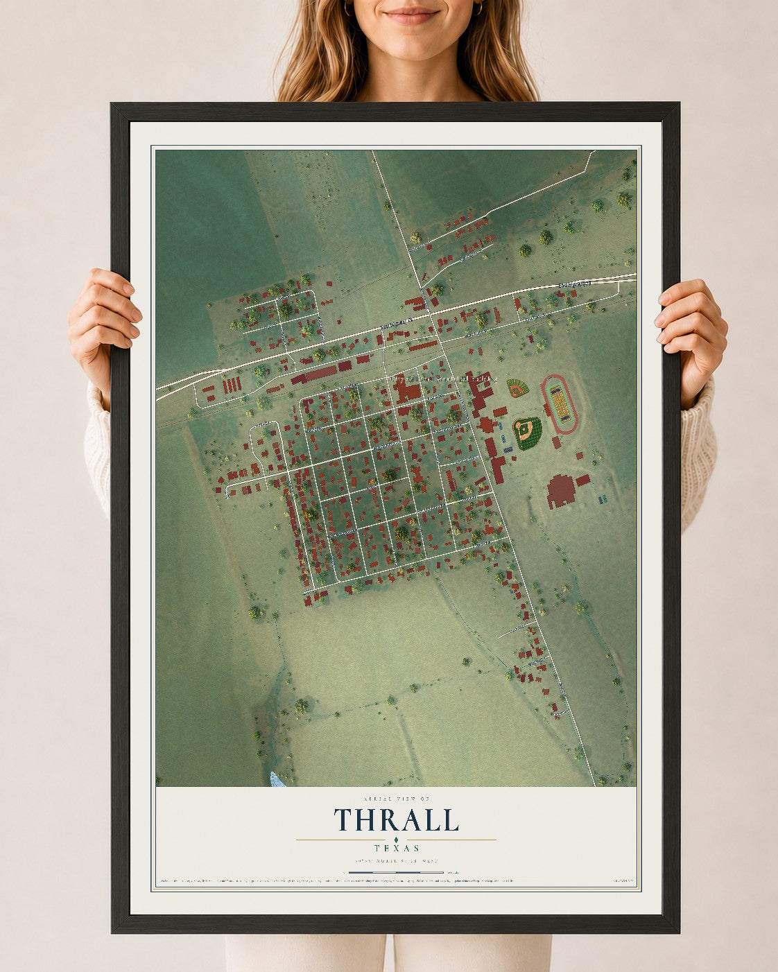 Map of Thrall, Texas, 24 x 36 inch print in a black wood frame