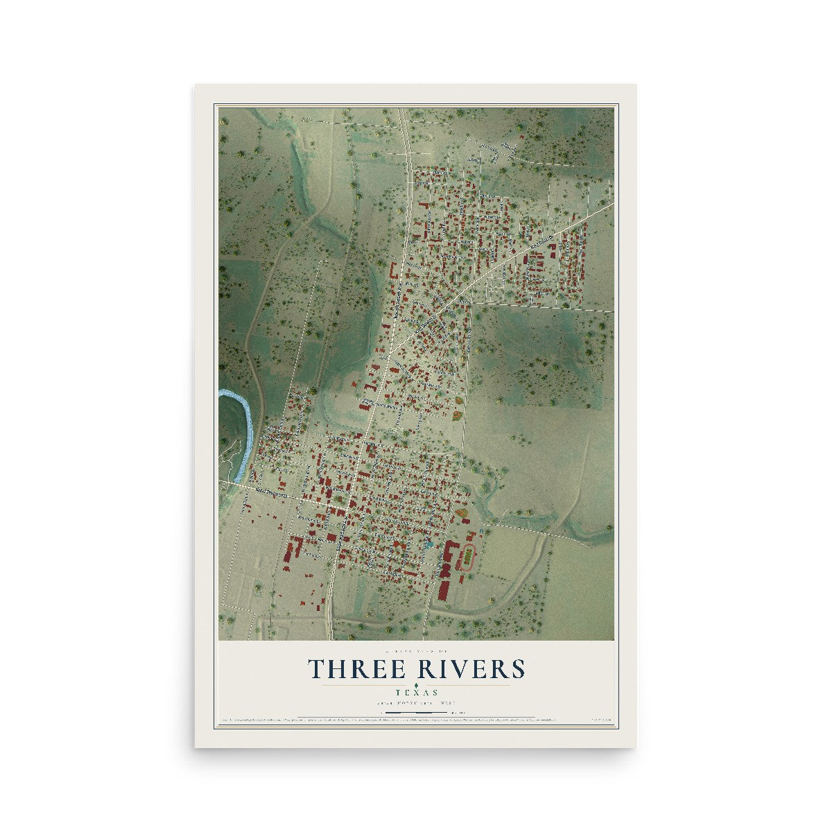 Map of Three Rivers, Texas, 12 x 18 inch unframed archival matte print