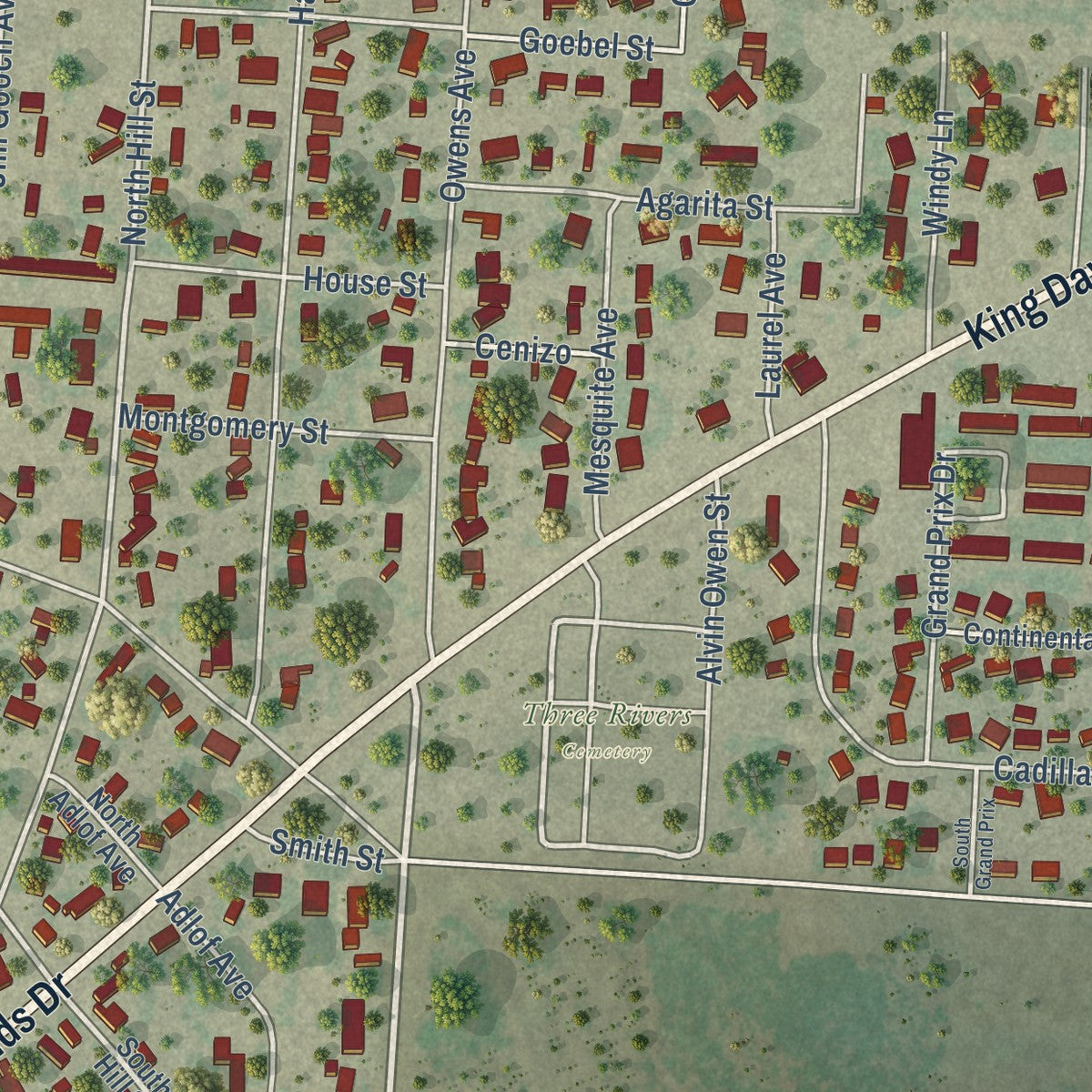 Close-up of the map of Three Rivers, Texas print showing street and building detail