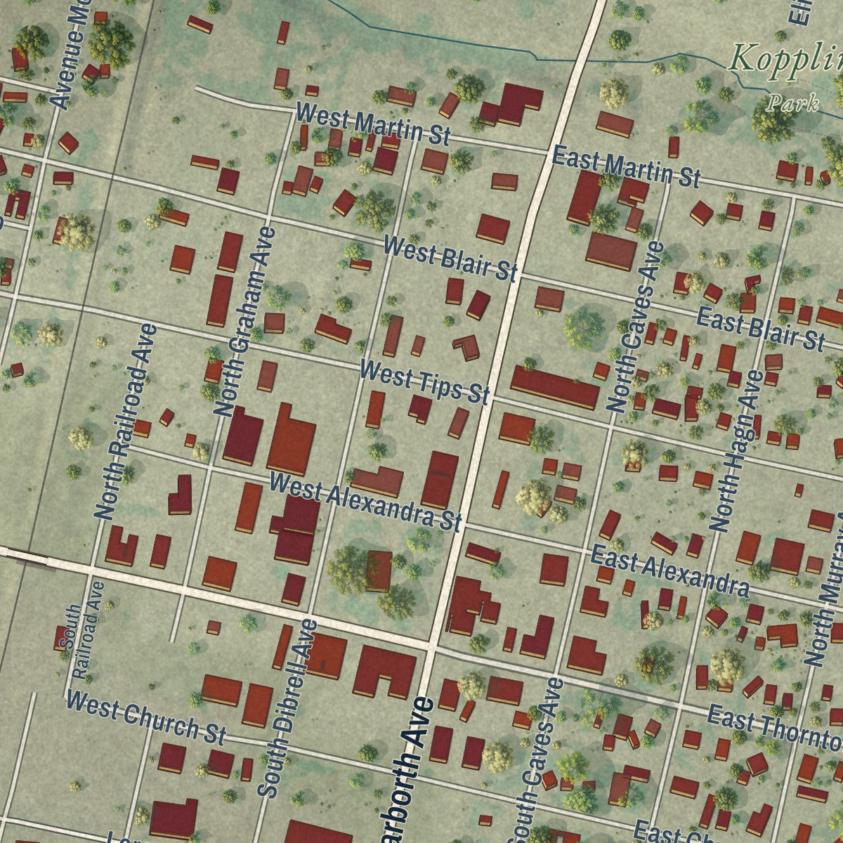 Second close-up of the map of Three Rivers, Texas print showing more streets and buildings