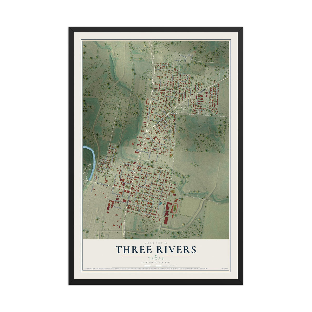 Map of Three Rivers, Texas, 12 x 18 inch print in a black wood frame