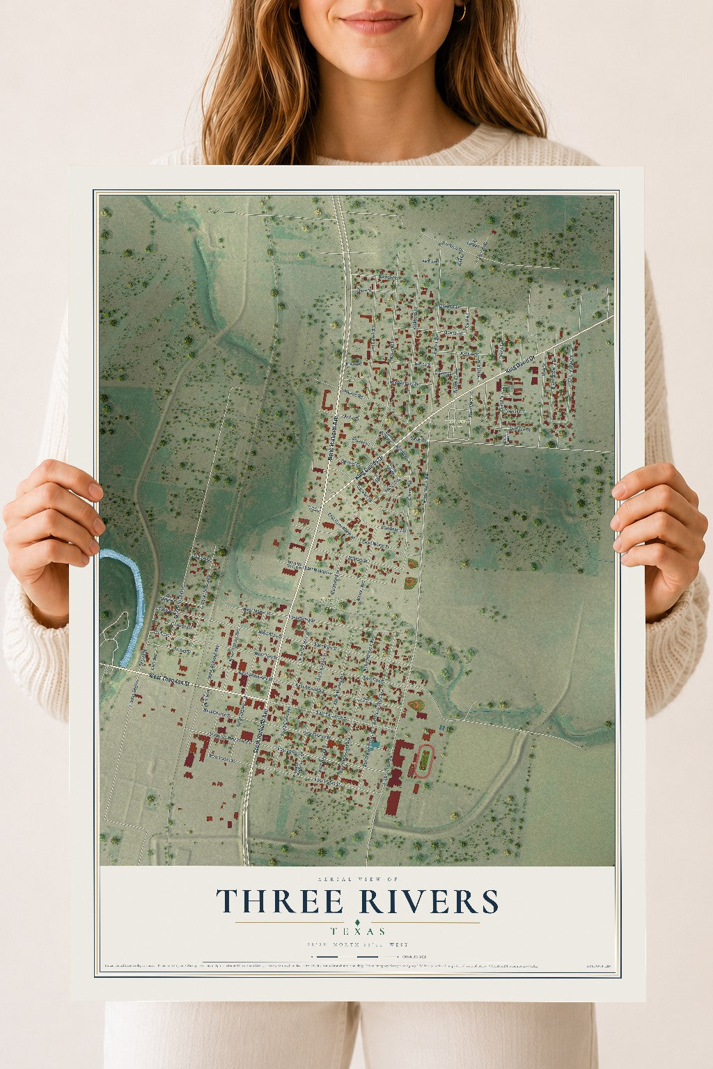 Map of Three Rivers, Texas, 18 x 24 inch unframed archival matte print