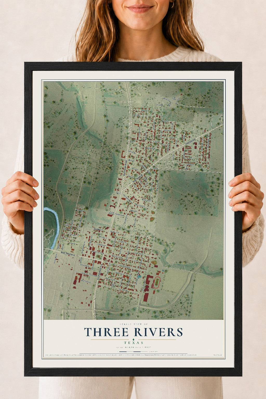 Map of Three Rivers, Texas, 18 x 24 inch print in a black wood frame