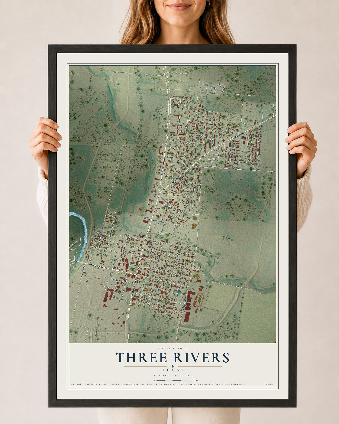 Map of Three Rivers, Texas, 24 x 36 inch print in a black wood frame