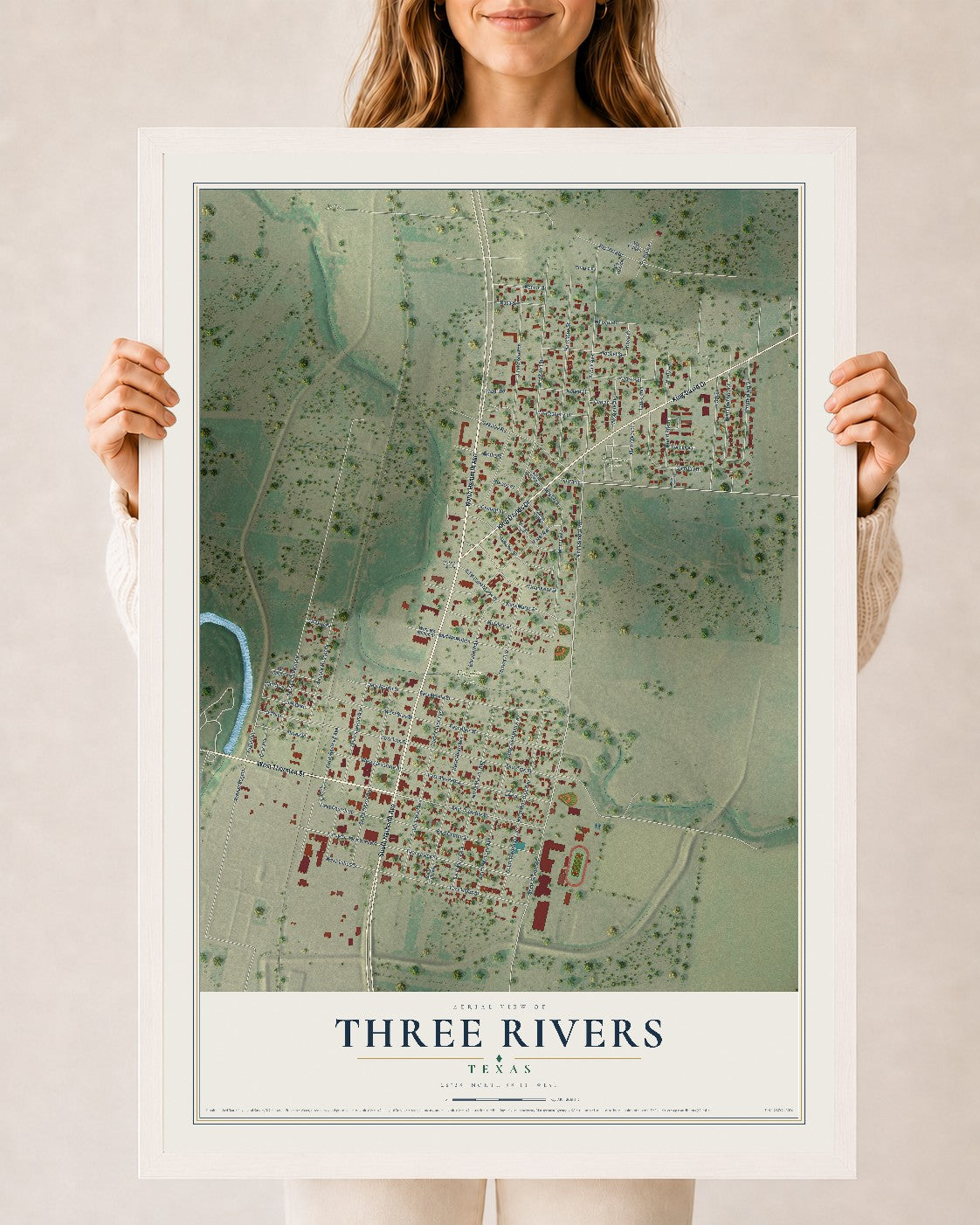 Map of Three Rivers, Texas, 24 x 36 inch print in a white wood frame