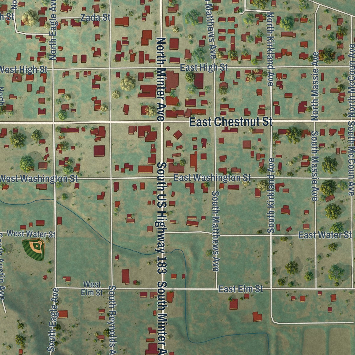 Close-up of the map of Throckmorton, Texas print showing street and building detail