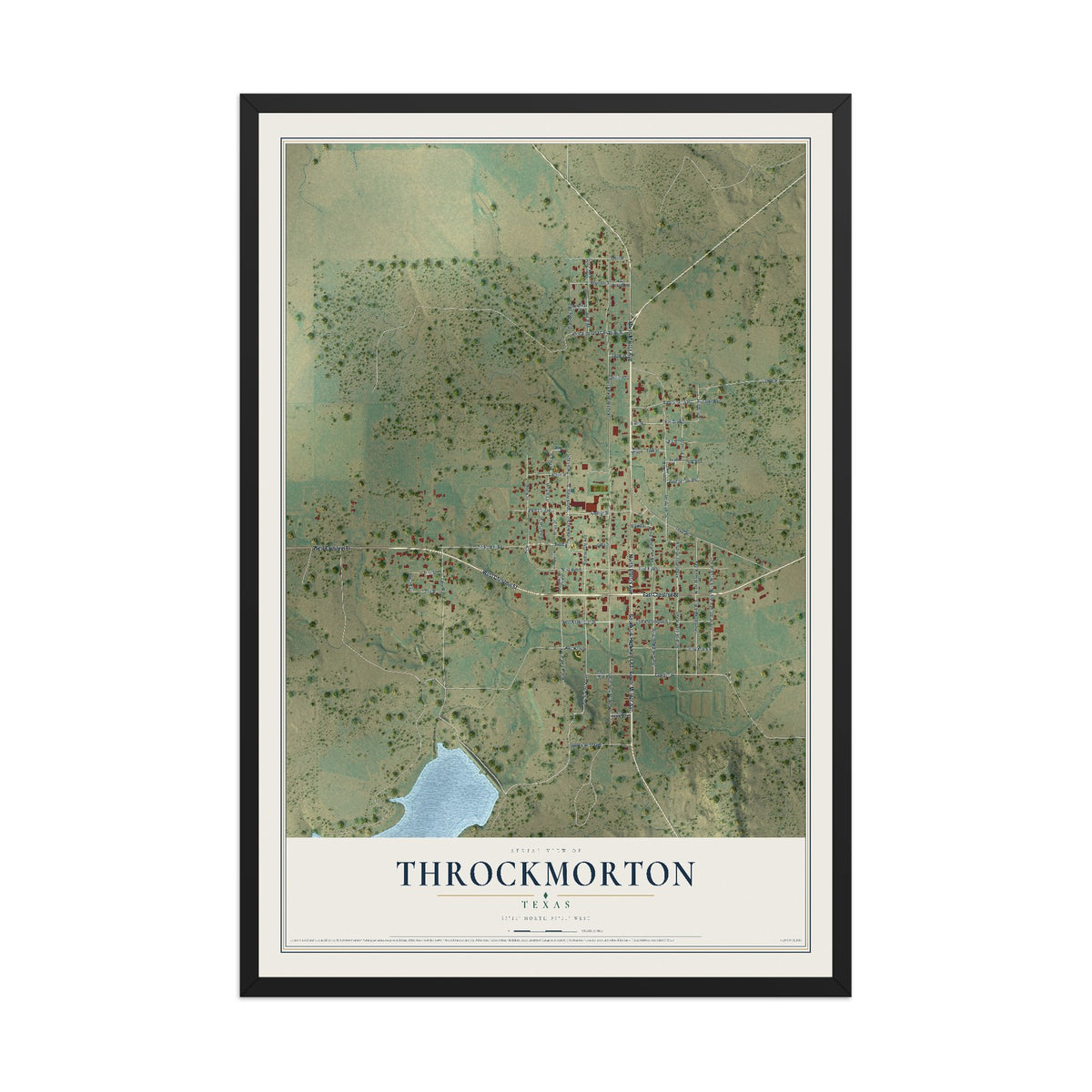 Map of Throckmorton, Texas, 12 x 18 inch print in a black wood frame